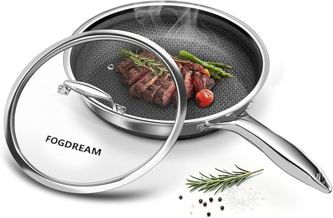 FogDream 12 Inch Nonstick Frying Pan with Lid, Honeycomb Hybrid Stainless Steel Skillet, Tri-Ply Induction Compatible, Non Toxic Frying Pan, Oven Safe, Dishwasher Safe, Silver by FogDream