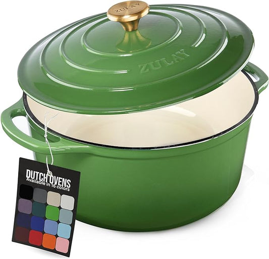 Zulay Kitchen 7.7 Quart Enameled Cast Iron Dutch Oven Pot with Lid – Premium Durability & Oven Safe up to 500°F – Heavy Duty Cookware Perfect for Bread Baking, Stews, Braising & Roasting – Green by ZulayKitchen