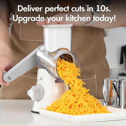 Rotary Cheese Grater with Handle, Kitchen Speed Hand Crank Vegetable Slicer, Potato Hash Brown Shredder Spinning Nut Grinder with 3 Replaceable Stainless Steel Drum Blades (White) - Image 8