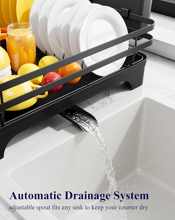 Kitsure Dish Drying Rack - Multi-Functional Dish Rack for Kitchen Counter with Cutlery Holder, Rust-Proof Storage Solution with Rotatable, 15.7" x 12.0" x 5.5", Black - Image 7