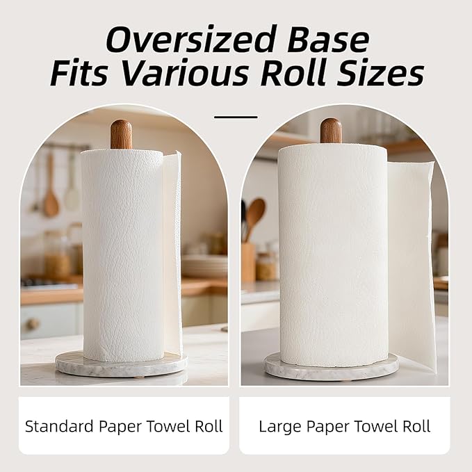 Acacia Wood & Marble Paper Towel Holder – Freestanding Paper Towel Holder for Countertop, Weighted for One-Handed Use, for Kitchen, Bathroom, Office - Image 6