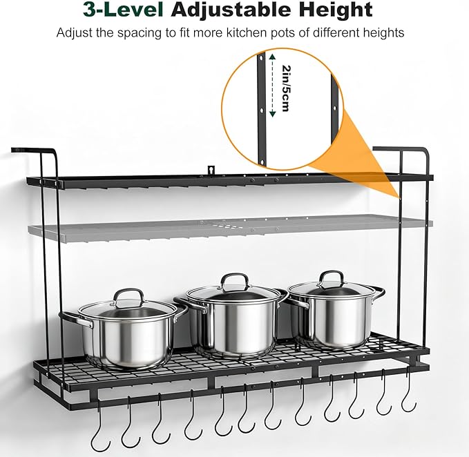 Housolution Pot Rack Wall Mounted, 22''-30'' Length Expandable, 3 Level Height Adjustable, 2 Tier Heavy Duty Hanging Cookware Pan Organizer with 12 Hooks and 8 Lid Holders - Image 4