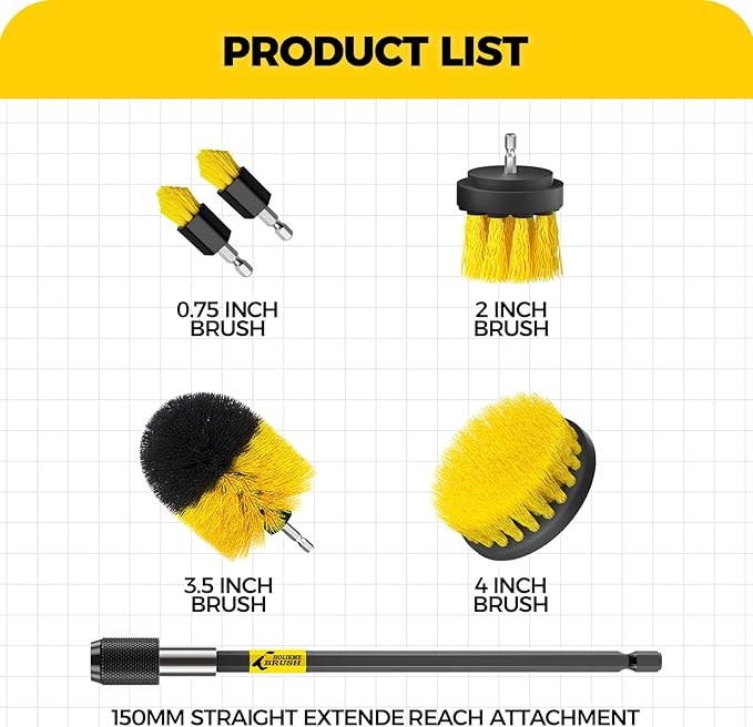 Holikme 6Pack Drill Brush Power Scrubber Cleaning Brush Extended Long Attachment Set All Purpose Drill Scrub Brushes Kit for Grout, Floor, Tub, Bathroom and Kitchen Surface,Scratch Brushes（Yellow） - Image 7