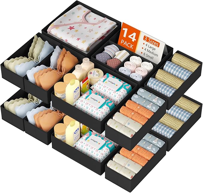 DIMJ Drawer Organizer Clothes 14 Pack - Foldable Baby Organizers and Storage & Dresser Organizer for Bedroom, Closet - Nursery Organization Dresser Dividers for underwear, Sock,Bra, Belt, Tie, Black by DiMJ