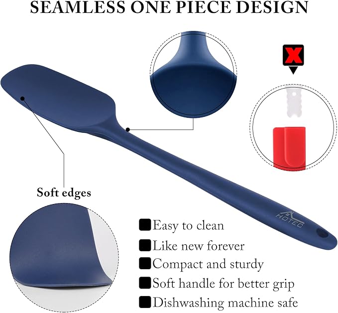 HOTEC 600℉ Heat Resistant BPA-Free Silicone Rubber Spatula Set, Kitchen Cooking Spatulas, Baking, Mixing, for Non Stick Cookware, Dishwasher Safe, Classic Blue Set of 5 - Image 6