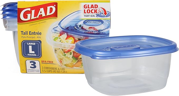 Glad GladWare Tall Entree Food Storage Containers with Lids, Large Square BPA Free Plastic for Meal Prep and Lunches, Lock Tight Seal, Microwave and Dishwasher Safe, 42 Oz, 3 Count by GladTrashFoodStorage