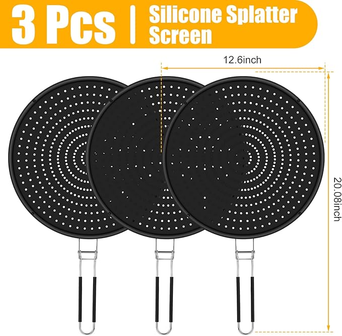 Tioncy 3 Pcs Silicone Splatter Screen for Frying Pan Grease Oil Splatter Collapsible Splash Guard Heat Resistant Multi Use for Baking and Cooking(Black) - Image 5