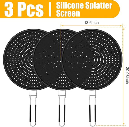 Tioncy 3 Pcs Silicone Splatter Screen for Frying Pan Grease Oil Splatter Collapsible Splash Guard Heat Resistant Multi Use for Baking and Cooking(Black) - Image 5
