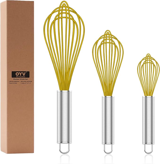 OYV Yellow Silicone Whisk, Professional Whisks For Cooking Non-Scratch, Stainless Steel & Silicone Wisk, Plastic Rubber Whisk Tool For Nonstick Cookware Pans, Silicon Wisks Set of 3. by OYV