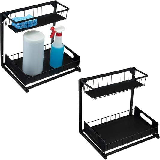 Amazon Basics L-Shape Under Sink Storage Pull Out Cabinet Organizer, Space-Saving Design, Durable and Rust-Resistant, Black, Pack of 2