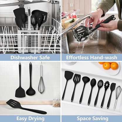 TeamFar 8 PCS Silicone Cooking Utensils - 446°F Heat Resistant Kitchen Silicon Utensils Set, Turner, Spatula, Spoon, Whisk, Kitchen Cooking Gadgets Tools for Nonstick Cookware, Dishwasher Safe-Black - Image 6