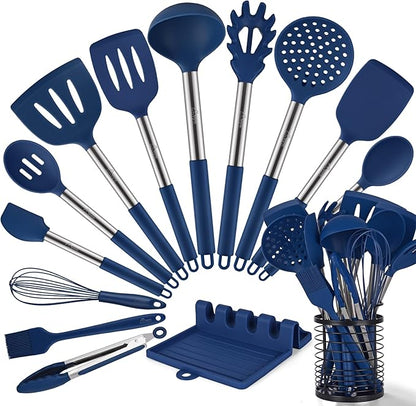 HOTEC 446°F Heat Resistant Silicone Kitchen Utensils, BPA Free Cooking Utensil Set, Spatula Set, Kitchen Gadgets, with Stainless Steel Utensils Holder, Dishwasher Safe, 14pcs Classic Blue by Hotec