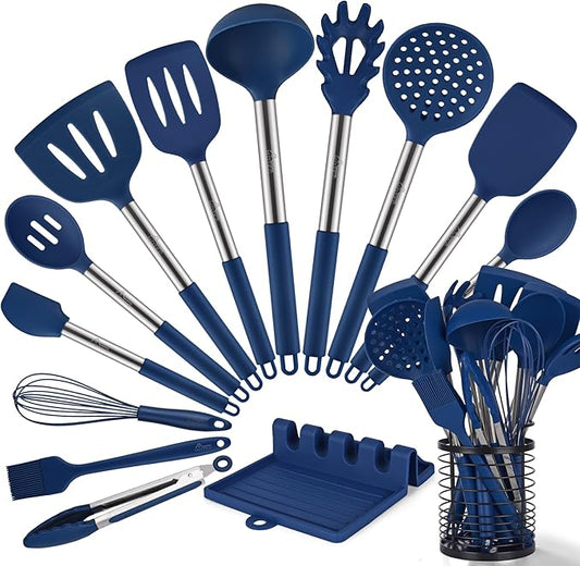 HOTEC 446°F Heat Resistant Silicone Kitchen Utensils, BPA Free Cooking Utensil Set, Spatula Set, Kitchen Gadgets, with Stainless Steel Utensils Holder, Dishwasher Safe, 14pcs Classic Blue by Hotec