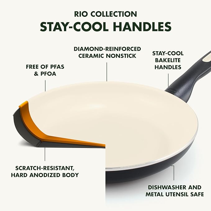 GreenPan Rio Healthy Ceramic Nonstick 12" Frying Pan Skillet, PFAS-Free, Dishwasher Safe, Black
