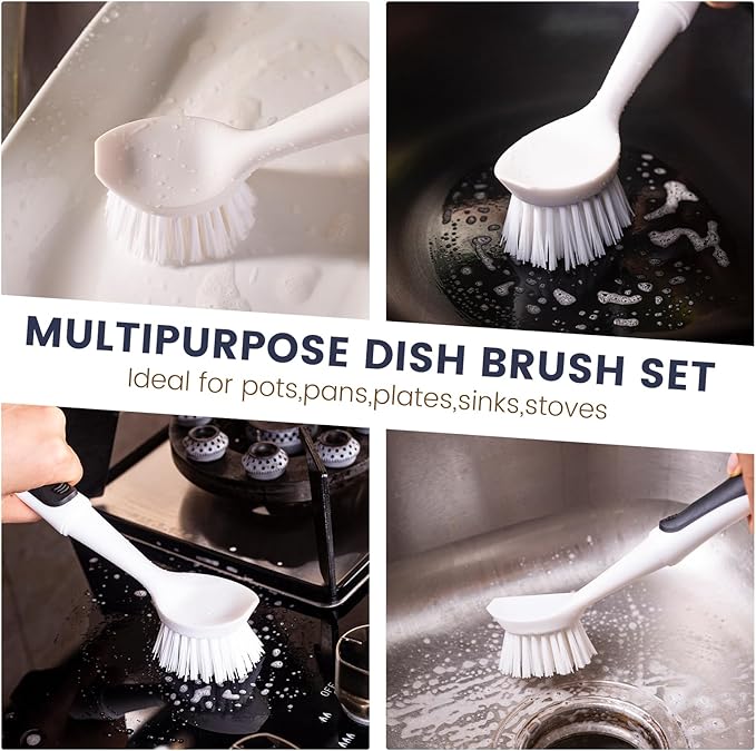 Dish Brush with Handle, 2 Pack Dish Scrub Brush with Built-in Scraper and 2 Pack Grout Brush, Kitchen Brushes for Dishes,Pots, Pans and Sinks - Image 5