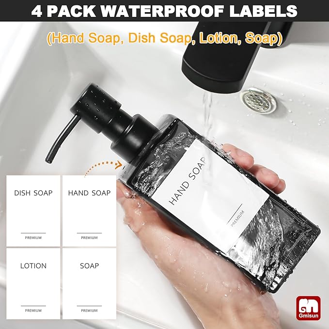 GMISUN Black Glass Soap Dispenser, Hand Soap Dispenser with Stainless Steel Pump for Bathroom, 12 fl oz/350ml Refillable Dish Dispensers for Kitchen, Modern Liquid Lotion Bottles for Countertop - Image 4