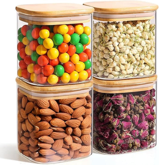 ComSaf 0.7 Qt Glass Food Storage Jars Set of 4, Clear Glass Storage Containers with Lids, Pantry Organization Jar, Spice Jar, Blooming Tea, Coffee and Sugar Container, Small Canister Set for Kitchen by ComSaf
