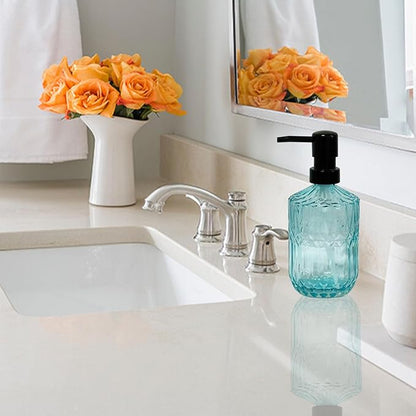 Blue Glass Soap Dispenser with Black Pump, 15oz Liquid Hand Dispenser, Refillable Lotion Dish Soap Dispenser for Modern Home Decor, Bathroom, Kitchen Countertop, Hotel
