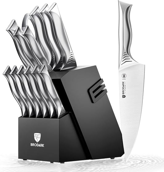 BRODARK Kitchen Knife Set with Block - 15-Piece Knife Block Set with Built-in Sharpener - High Carbon Stainless Steel Kitchen Knives Set for Kitchen - Shark Series