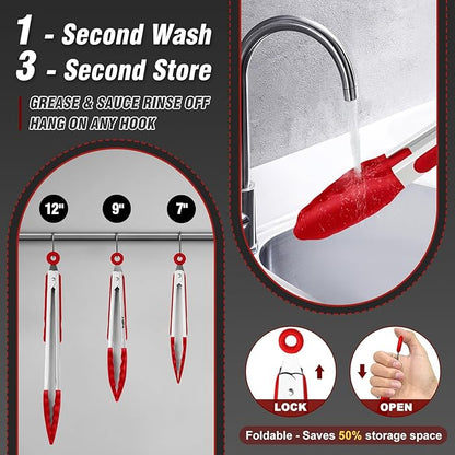 Walfos Kitchen Tongs - 7" 9" and 12" Heat Resistant Cooking Tongs, Stainless Steel and BPA Free Silicone Tips, Great for Cooking, Salad, Grilling, Turning, Dishwasher safe,set of 3 - Image 4