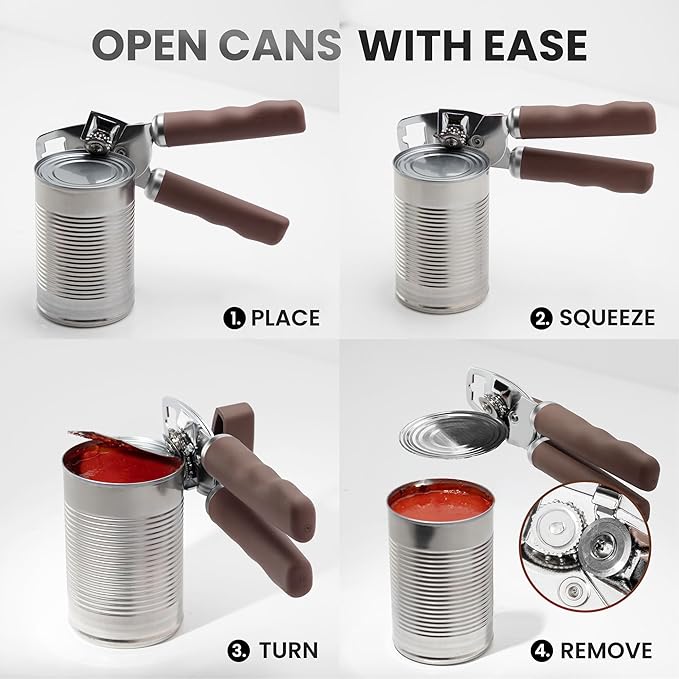 Zulay Kitchen Heavy Duty Stainless Steel Can Opener Manual with Bottle Opener - Rust Proof Manual Can Opener With Turn Knob & Comfy Soft Grip Handles - Brown - Image 6