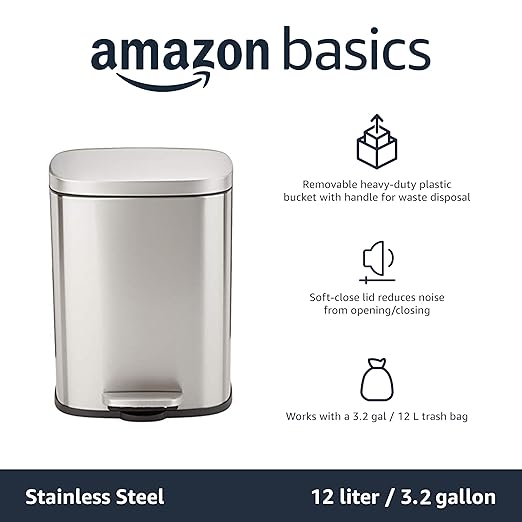 Amazon Basics Smudge Resistant Small Rectangular Step Pedal Trash Can with Soft-Close Lid, Removable Inner Bucket, Brushed Stainless Steel, 12 Liter/3.1 Gallon, Satin Nickel Finish - Image 5