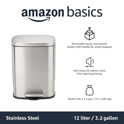 Amazon Basics Smudge Resistant Small Rectangular Step Pedal Trash Can with Soft-Close Lid, Removable Inner Bucket, Brushed Stainless Steel, 12 Liter/3.1 Gallon, Satin Nickel Finish - Image 5