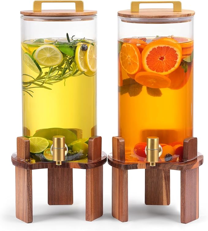 2 PCS 1.5 Gallon Glass Drink Dispenser, Beverage Dispenser With Wood Stand, Lid and Stainless Steel Spigot, Large Water Dispenser for Parties, Perfect for Lemonade, Juice, Tea and Daily Drinks by Unknown