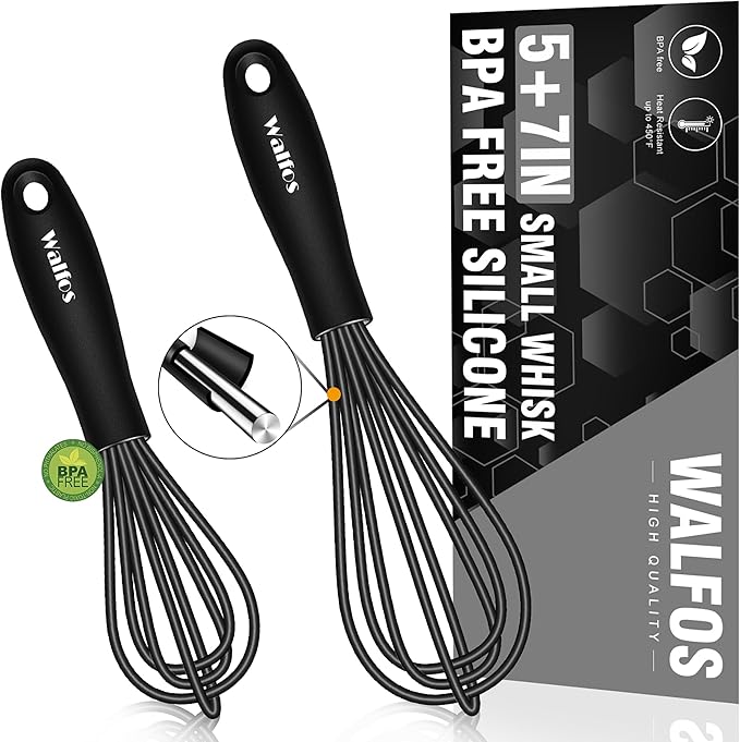 Walfos Whisk 5+7in/12cm+17cm Mini Whisk,Silicone Whisks Non Scratch Heat Resistant (480°F). Nice for stirring individual eggs and mixing small amounts of powder and sauce.Dishwasher Safe.Black by Walfos