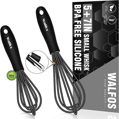 Walfos Whisk 5+7in/12cm+17cm Mini Whisk,Silicone Whisks Non Scratch Heat Resistant (480°F). Nice for stirring individual eggs and mixing small amounts of powder and sauce.Dishwasher Safe.Black by Walfos