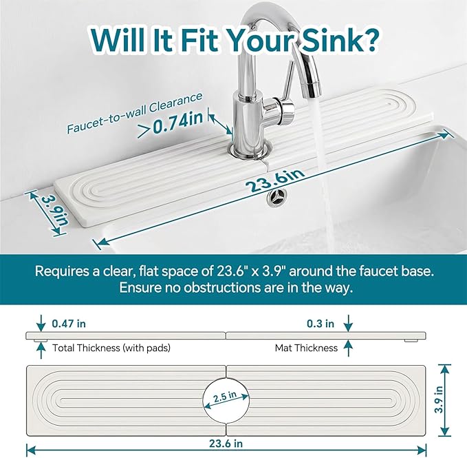 Stone Faucet Mat for Kitchen Sink-Diatomite Drying Stone Mat& Sink Protector,Quick Dry Water Absorbing Stone Tray ,Sink Splash Guard for Kitchen Counter & Bathroom Counter (White, 15.7"x3.9") - Image 2