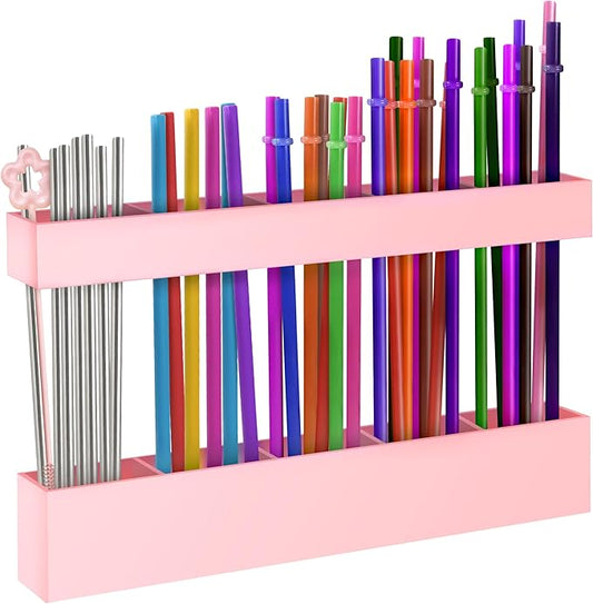 9.5” Large Acrylic Straw Holder for Cabinet Door, Reusable Adjustable Two-Part Straws Organizer with Ultra Sticky Adhesive Strips, 2026 Straw Storage for Kitchen Cupboard (Rose Stone)