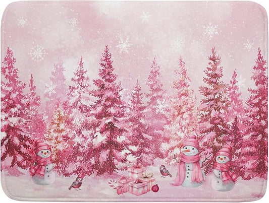 Pink Forest Dish Drying Mat Snowman Washable Drying Matt Kitchen Counter Absorbent Coffee Mat for Winter Home Decor by Giwawa