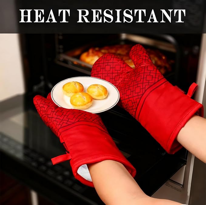 Oven Mitts and Pot Holders Sets 6pcs, Kitchen Oven Glove,High Heat Resistant 550 Degree Extra Long Oven Mitts and Potholders with Non-Slip Silicone Surface for Home Essentials (Grey) (Coral Red) - Image 4