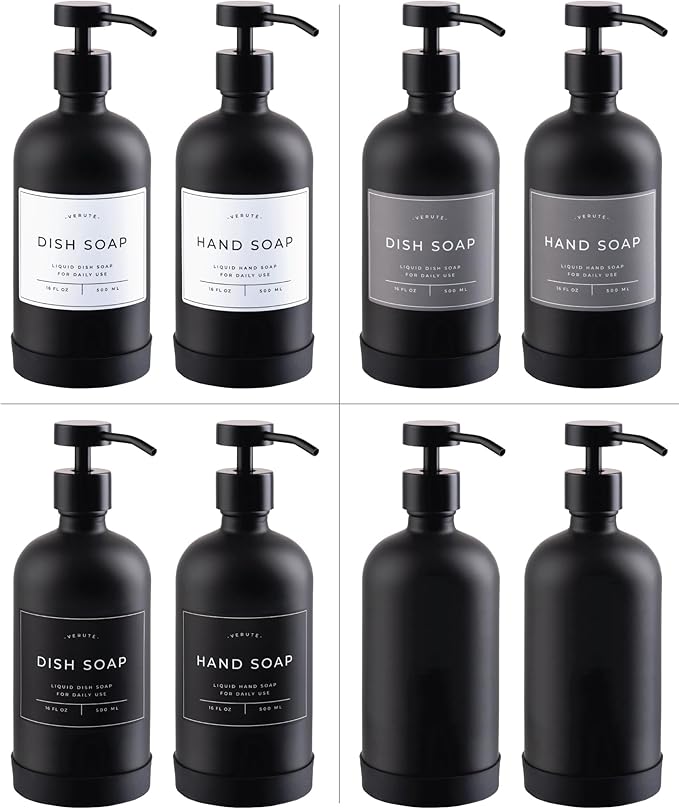 Hand and Dish Soap Dispenser for Kitchen and Bathroom, Set of 2 16 Oz Glass Bottles, Stainless Steel Pumps, Non-Slip Silicone Base, 27 Waterproof Labels (Matte Black Bottle/Black Pump) - Image 5