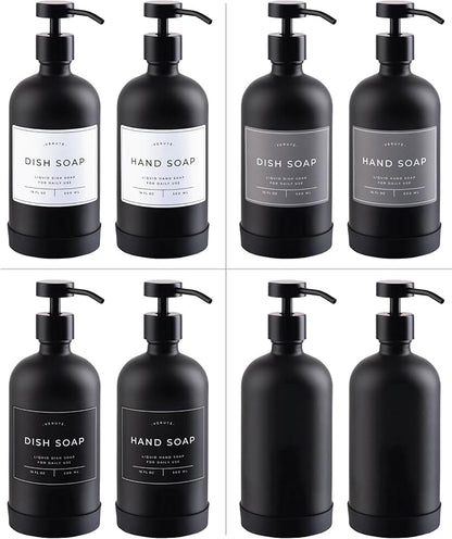Hand and Dish Soap Dispenser for Kitchen and Bathroom, Set of 2 16 Oz Glass Bottles, Stainless Steel Pumps, Non-Slip Silicone Base, 27 Waterproof Labels (Matte Black Bottle/Black Pump) - Image 5