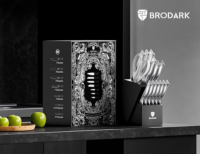 BRODARK Kitchen Knife Set with Block - 15-Piece Knife Block Set with Built-in Sharpener - High Carbon Stainless Steel Kitchen Knives Set for Kitchen - Christmas Gift, Shark Series, Mothers Day