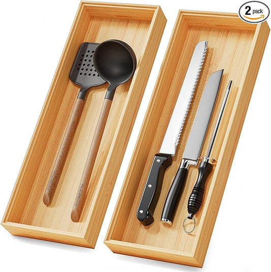 Long Bamboo Kitchen Drawer Organizer Boxes – 17" x 6" Stackable Wood Silverware Utensil Tray for Drawers Bins Cutlery & Flatware Storage – Wooden Pantry Organizers Set of 2 for Junk Drawer Bathroom Rv