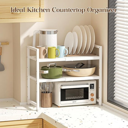 2-Tier Expandable Kitchen Storage Shelf,150LBS Heavy Duty Metal Shelving Units For Small Appliance,Adjustable Pots and Pans Organizer Rack Shelves For Kitchen Counter Under Cabinet Garage Pantry,White