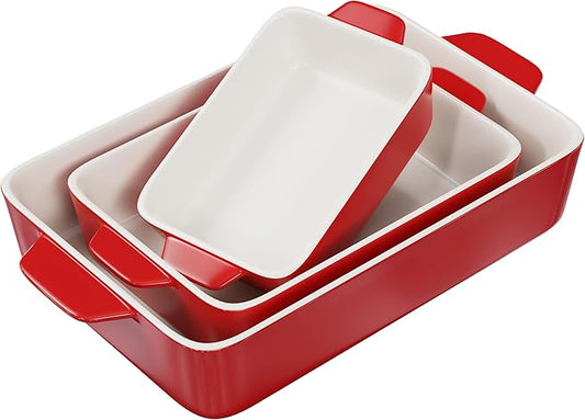 Kook Ceramic Bakeware Set, Rectangular Baking Dishes, For Casseroles, Lasagna, Cake, Small, Medium & Large Pans, Microwave & Dishwasher Safe, Set of 3, Cherry by Kook