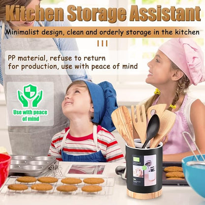 Kitchen Utensil Holder Tableware Storage Bucket, Spoon Chopsticks Fork Drain Rack Utensil Crock for Counter, Household 3-Format Tableware Drainer with Removable Divider and Wooden Base - Image 6