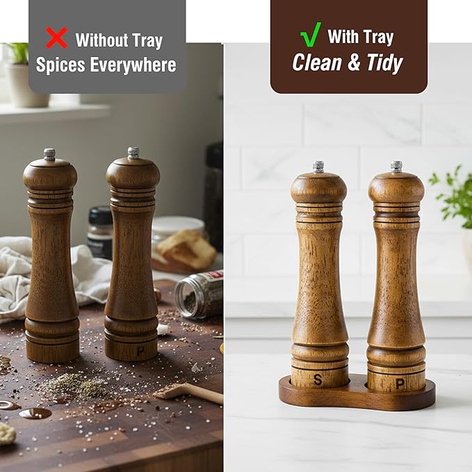 Wooden Salt and Pepper Grinder Set, Premium Oak Wood Salt Grinders Shakers, Pepper Mill with S and P Engraving, Adjustable Ceramic Grinder (8″ - 2 Packs with Tray) - Image 2
