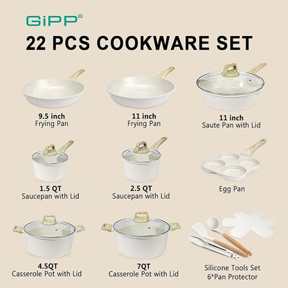 GiPP Ceramic Pots and Pans Set Non Stick - 22Pcs Nonstick Cookware Set, Non-Toxic Healthy Kitchen Cooking Set w/Frying Pans Set, Dishwasher Safe, PFAS PTFE PFOA PFOS Free, Cream White