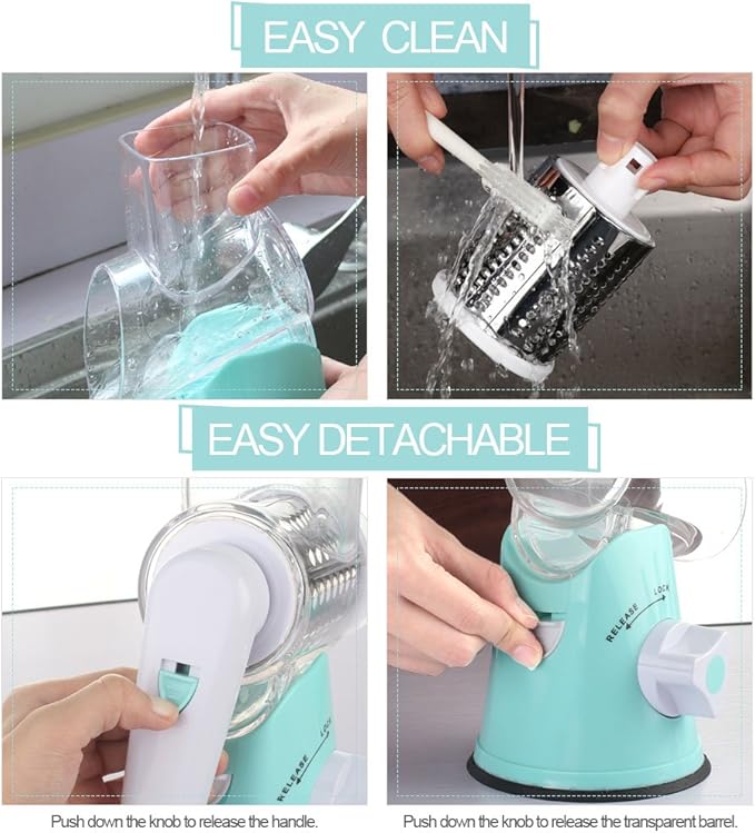 Cambom Rotary Cheese Grater Hand Crank Cheese Shredder for Fresh Cheese, Vegetable, Nuts,Non-slip Suction Base, Free Cleaning Brush Three Blades, Blue - Image 6