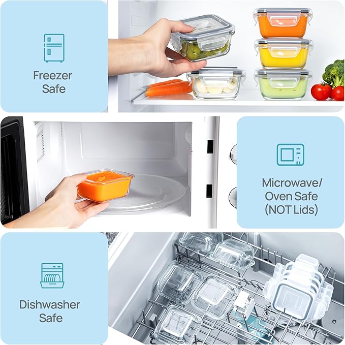 Vtopmart 5Pack 5oz Small Glass Storage Containers with Lids, Glass Meal Prep Food and Sauce Container Sets with Snap Airtight Lids for Microwave, Oven, Freezer and Dishwasher, Grey - Image 7