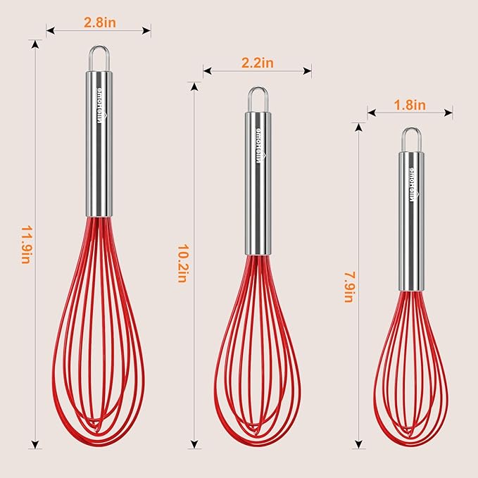 NileHome Whisk Commercial Stainless Steel wisk & Silicone Non-Stick Coated Small Whisk Set 8" 10" 12" Kitchen Wisk Wire Whisks for Cooking 3 Pack, Red - Image 2