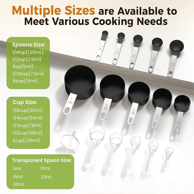 16PCS Measuring Cups and Spoons Set, Measuring Spoon Set with Metric and US Measurements, Fits for Measuring Dry and Liquid - Black - Image 4