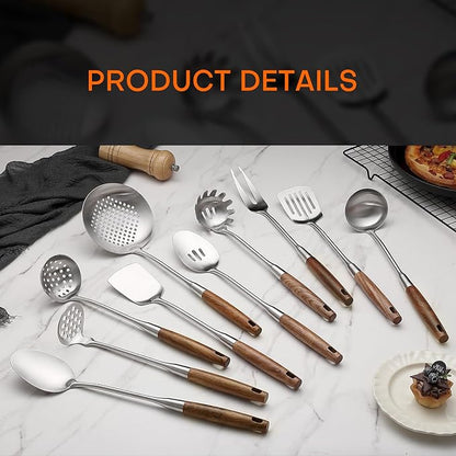 10 Pcs Cooking Utensils Set 304 Stainlss Steel Kitchen Utensils Set Heat Resistant Wooden Handle Kitchen Tools Metal Kitchen Utensil Soup Ladle Set, Dishwasher Safe - Image 6