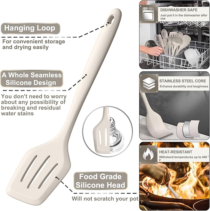 Silicone Kitchen cooking Utensils Set, AIKKIL 43 Pcs Heat Resistant Khaki Cooking Utensils Set, Turner, Tongs, Spoon, Spatula, Kitchen Gadgets Tools Set For Nonstick Cookware(Dishwasher, BPA Free) - Image 3