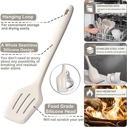 Silicone Kitchen cooking Utensils Set, AIKKIL 43 Pcs Heat Resistant Khaki Cooking Utensils Set, Turner, Tongs, Spoon, Spatula, Kitchen Gadgets Tools Set For Nonstick Cookware(Dishwasher, BPA Free) - Image 3